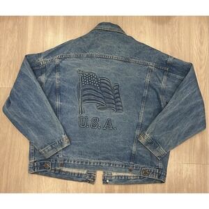 Vintage Tyca Jacket Mens XL Blue USA Flag Denim Jean‎ Embossed 90s Button Pocket